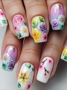 Floral Press-On Nail Set - Colorful Garden Design